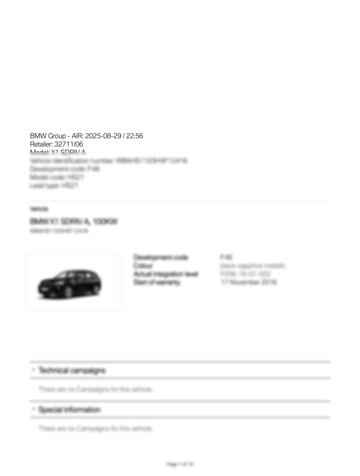 Service History Report VIN WBAHS1103H5F12416