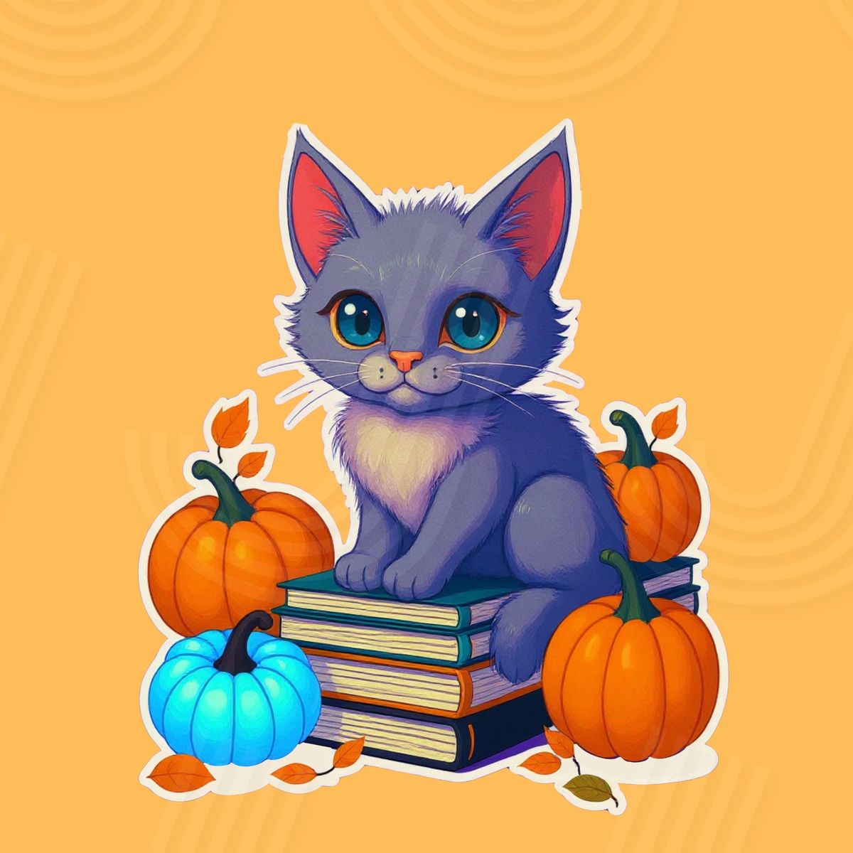 Whimsical Cat, Books & Pumpkins Sticker | Digital Halloween Art