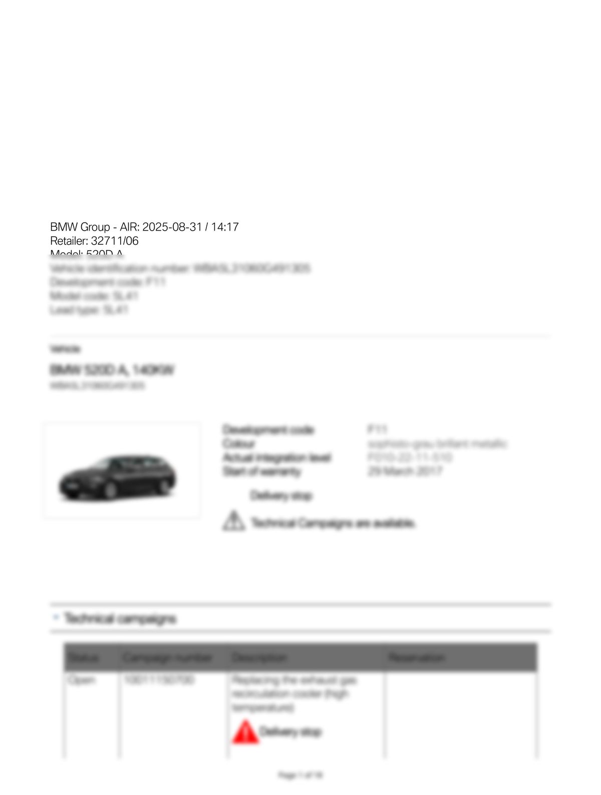 Service History Report VIN WBA5L31060G491305