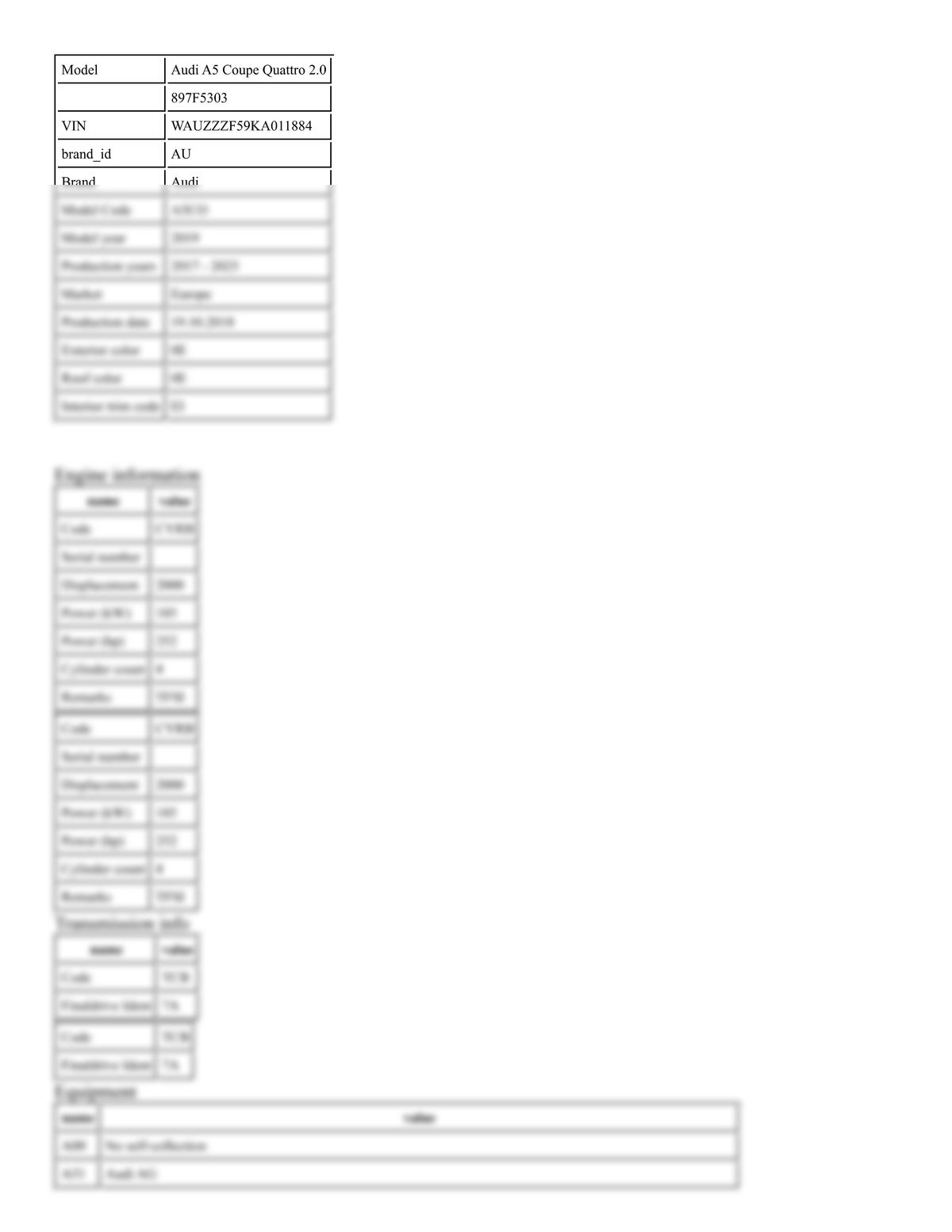 Build Sheet VIN WAUZZZF59KA011884