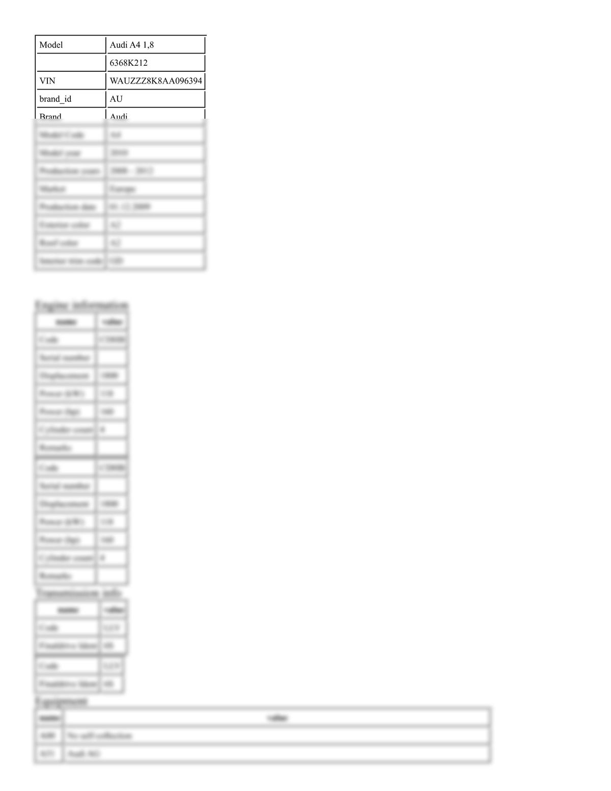 Build Sheet VIN WAUZZZ8K8AA096394