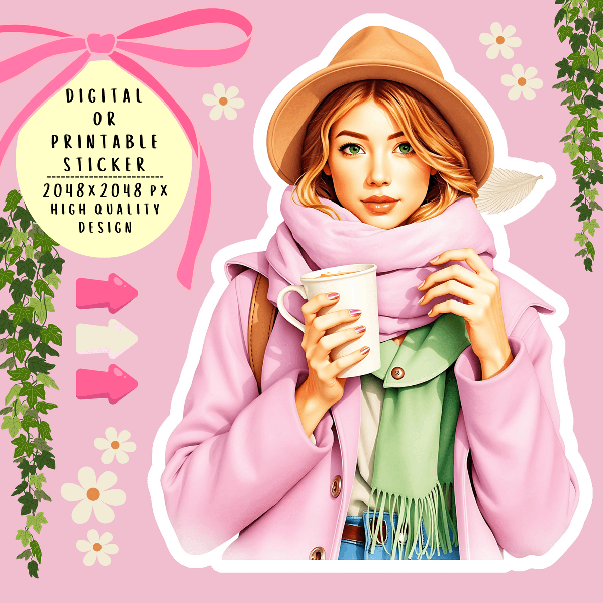 🌸🧡Fall Fashion Girl Sticker; Digital Download (2048x2048, Printable, High Quality)