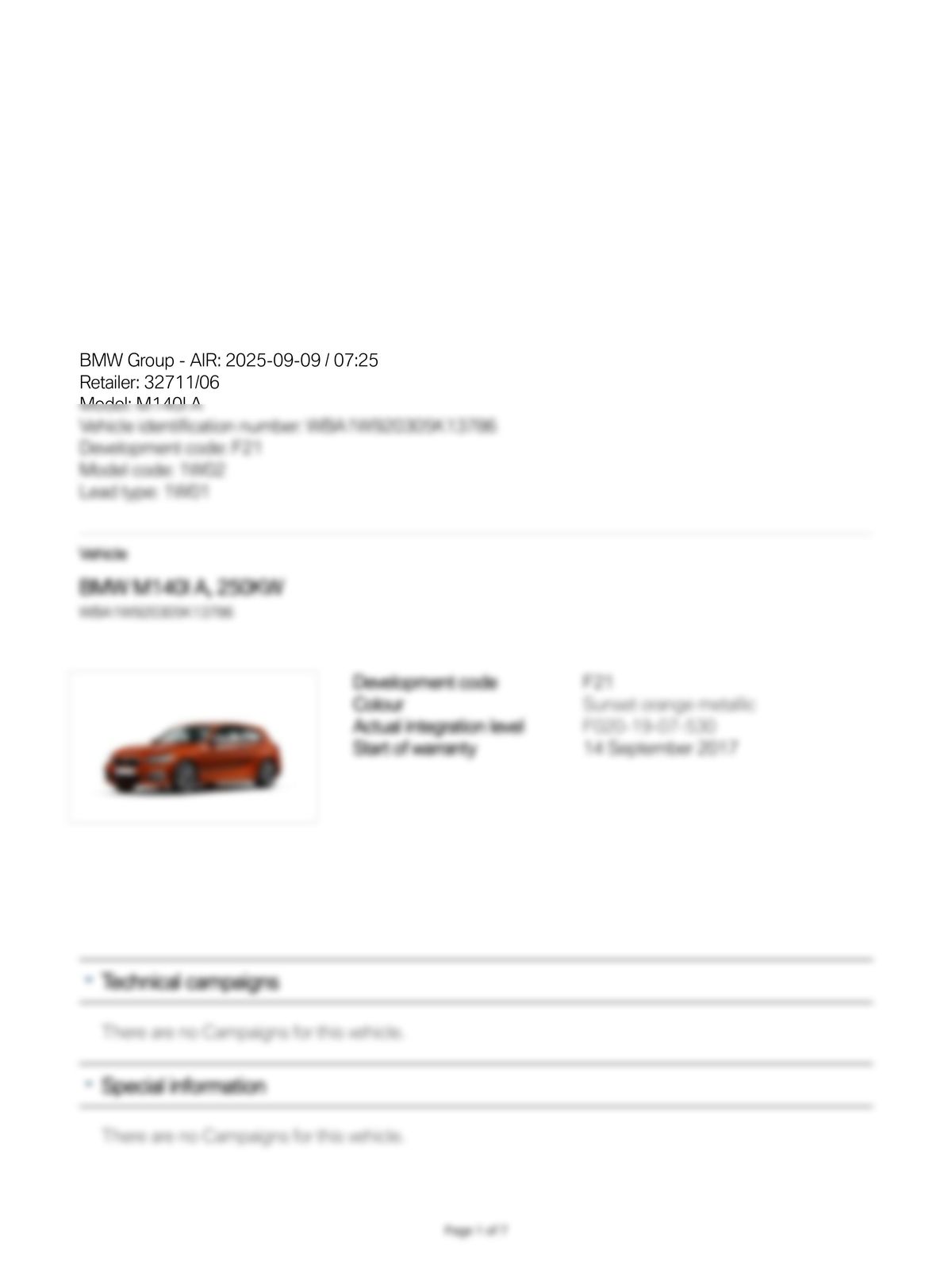 Service History Report VIN WBA1W920305K13786