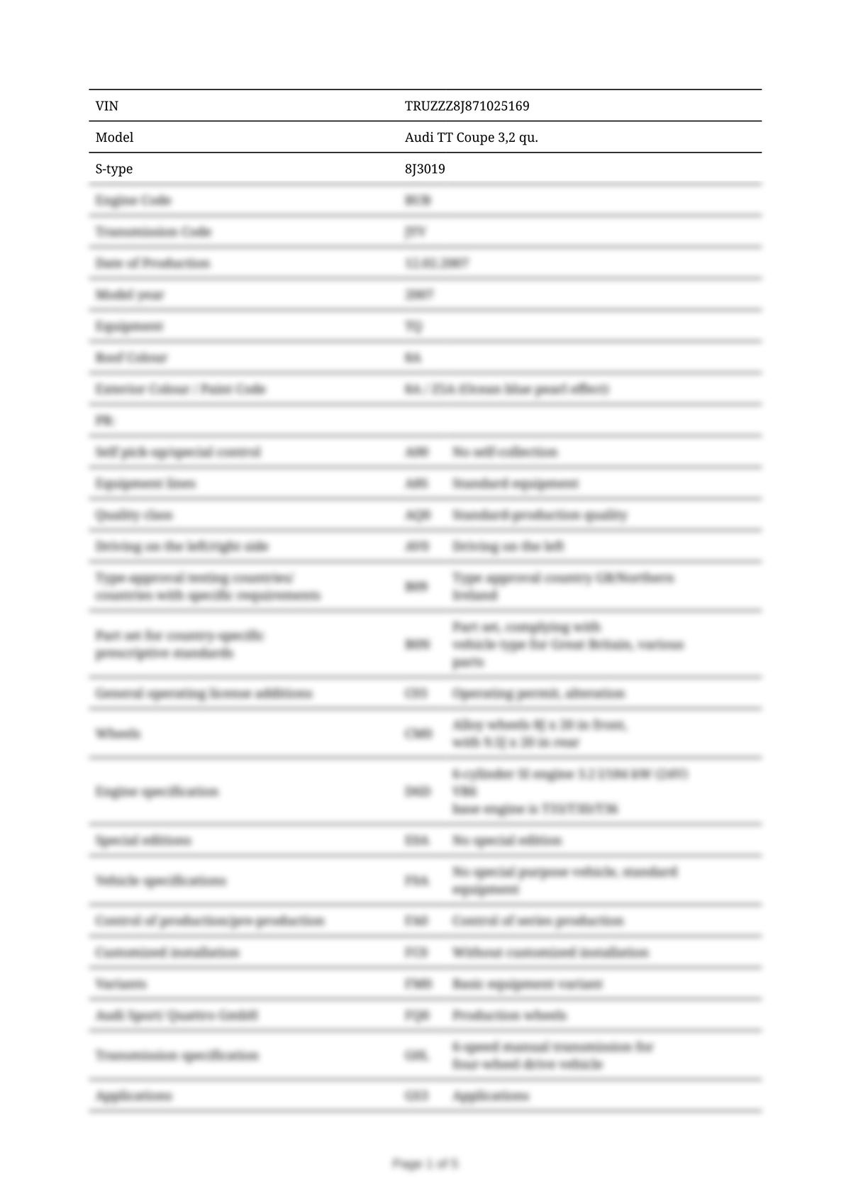Build Sheet VIN TRUZZZ8J871025169