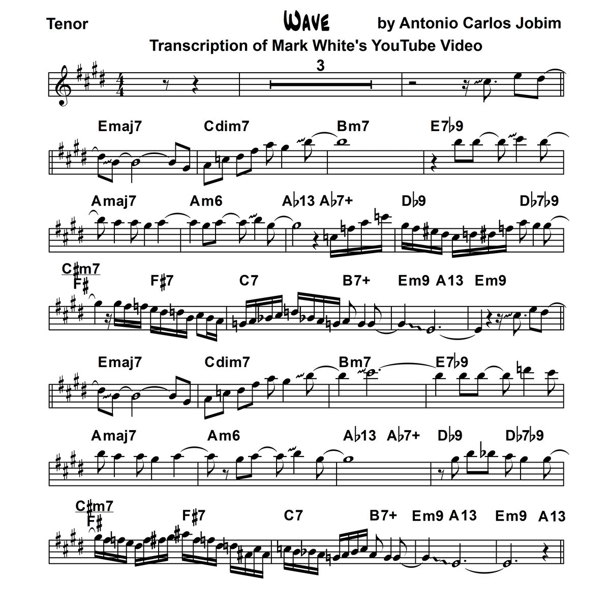 WAVE by Antonio Carlos Jobim - Transcription of Mark White