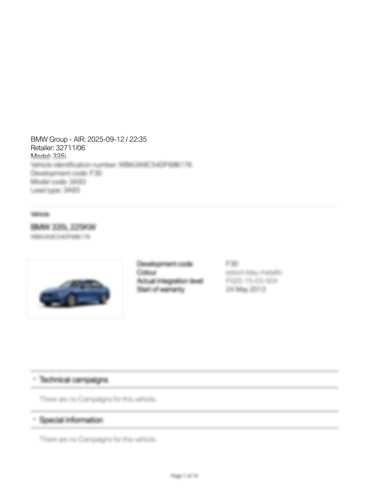 Service History Report VIN WBA3A9C54DF686176