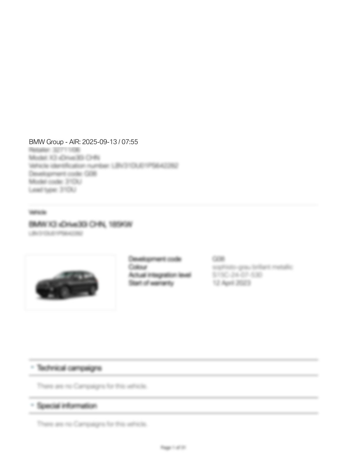 Service History Report VIN LBV31DU01PS642282