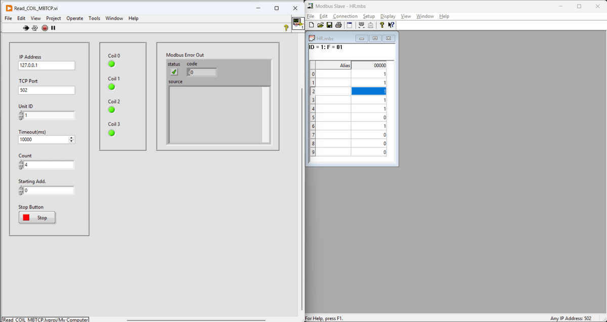 Read and Monitor Coil Status of Modbus TCP/IP Device in LabVIEW