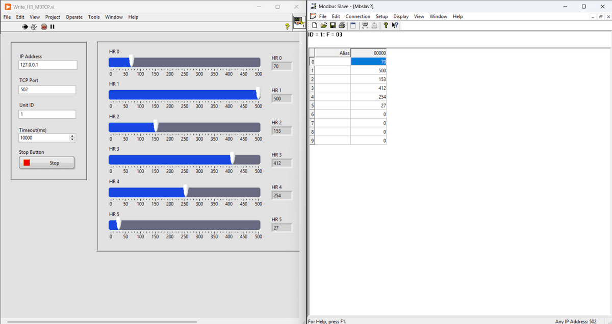 Control Holding Register Value of Modbus TCP/IP Device from LabVIEW GUI