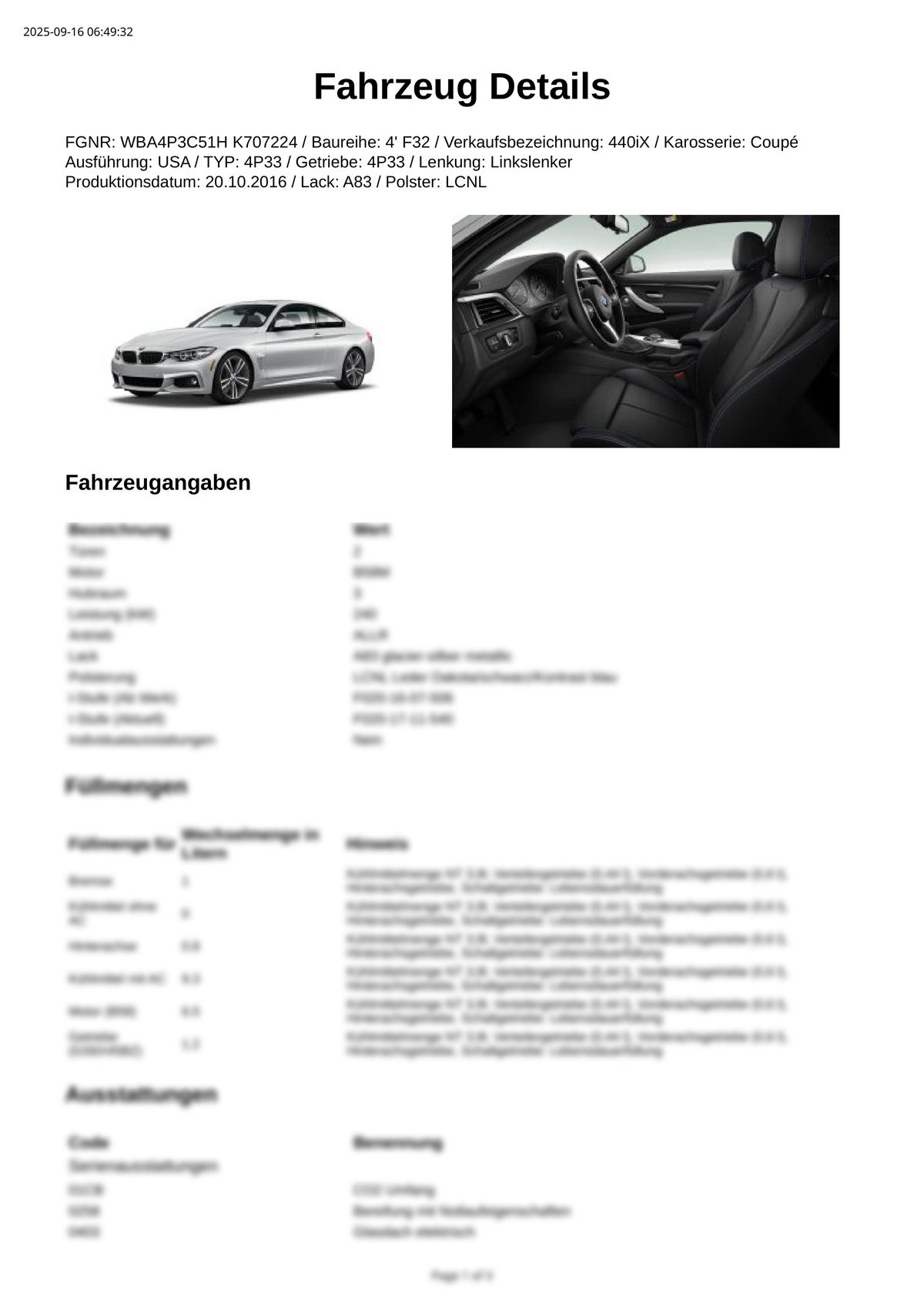 Build Sheet VIN WBA4P3C51HK707224