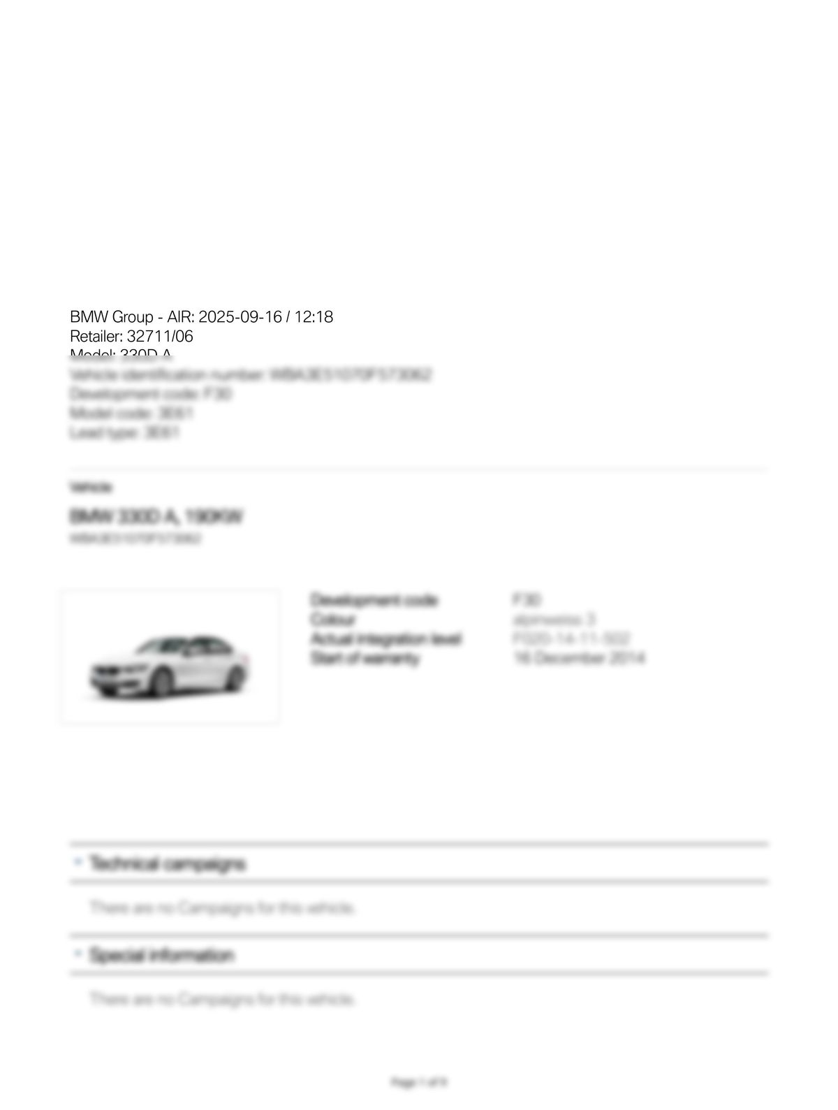 Service History Report VIN WBA3E51070F573062
