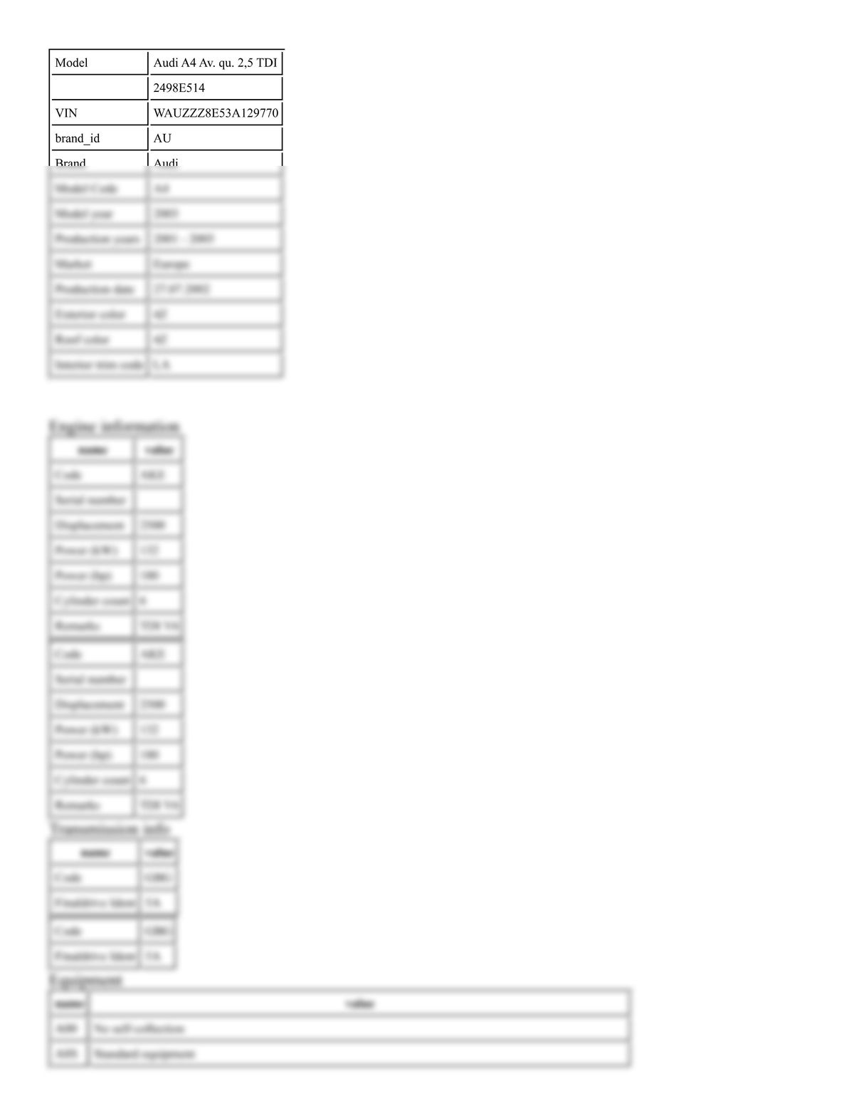 Build Sheet VIN WAUZZZ8E53A129770