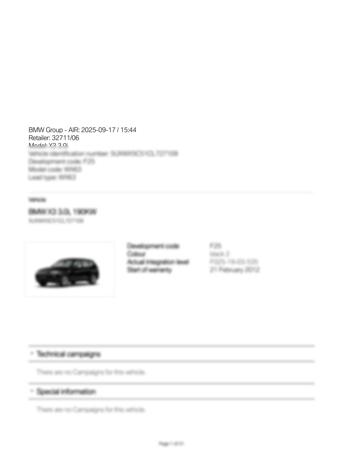 Service History Report VIN 5UXWX5C51CL727109