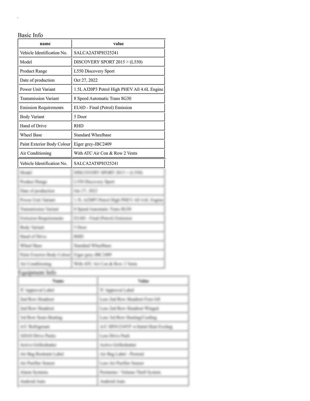 Build Sheet VIN SALCA2AT8PH325241