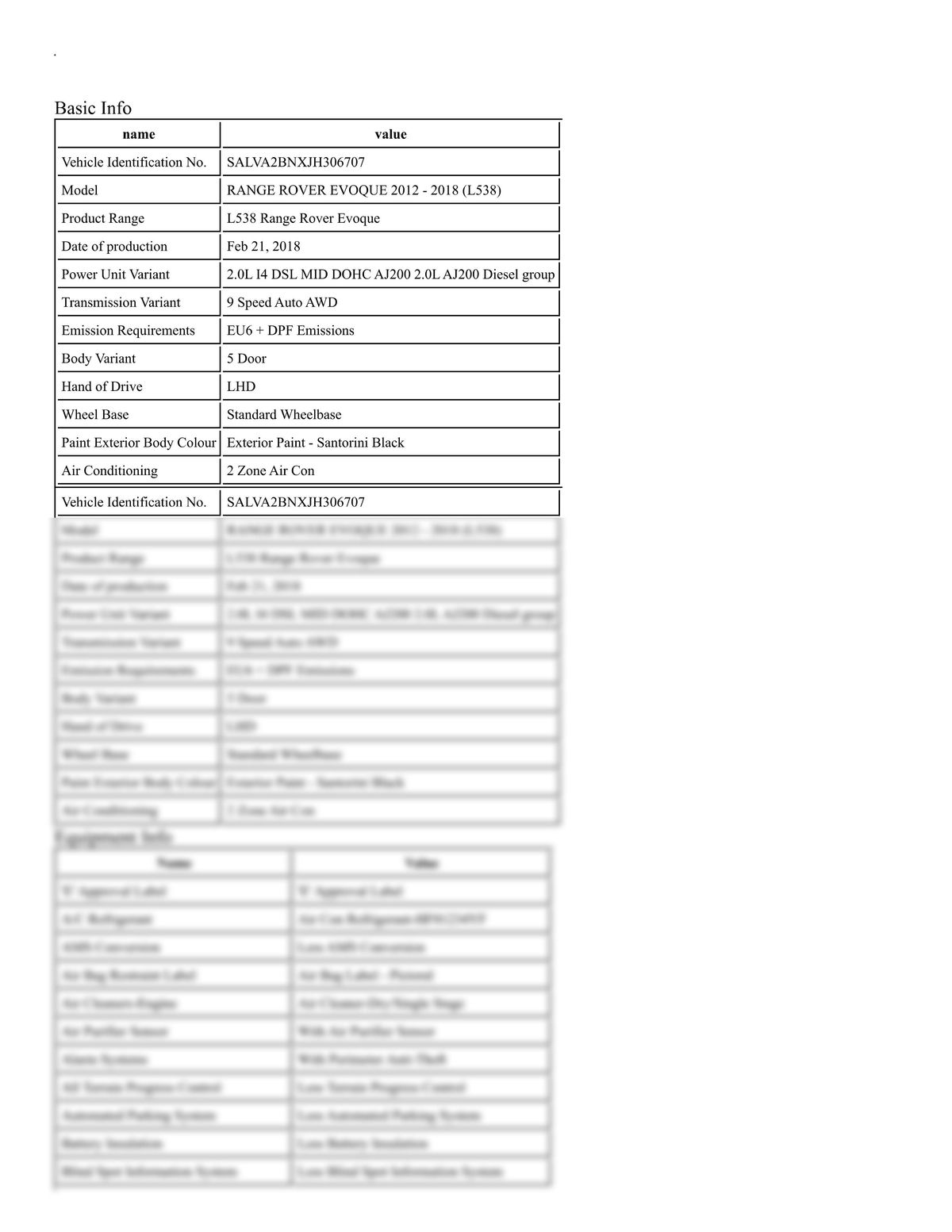 Build Sheet VIN SALVA2BNXJH306707