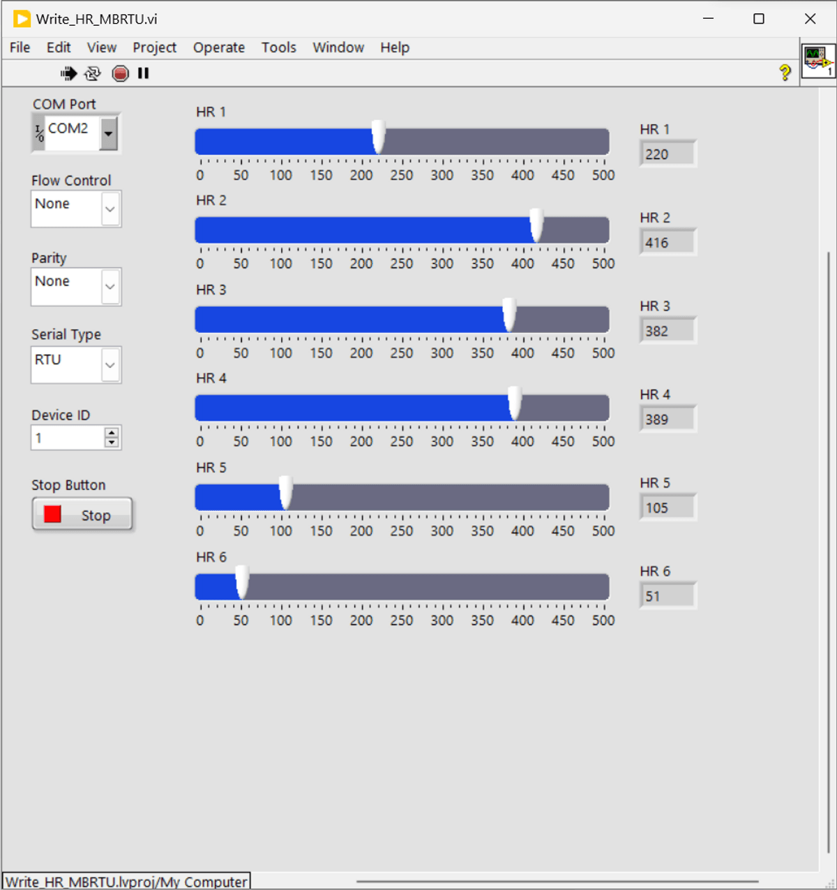 Control Holding Register Value of Modbus RTU/RS485/Serial Device from LabVIEW GUI