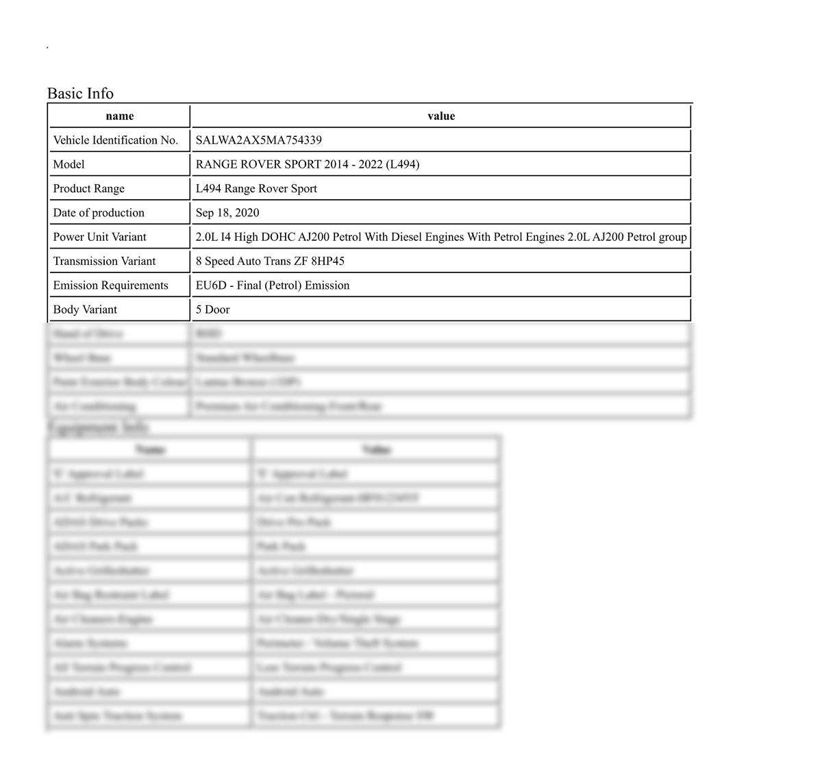 Build Sheet VIN SALWA2AX5MA754339