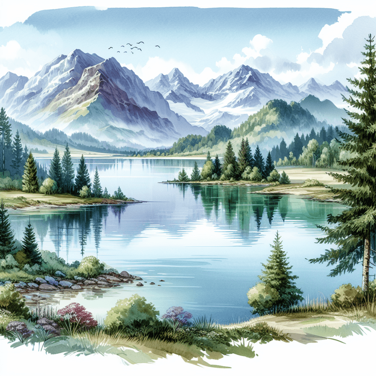 Watercolor Landscape Image | Calming Colors | Lakes, Mountains and Trees
