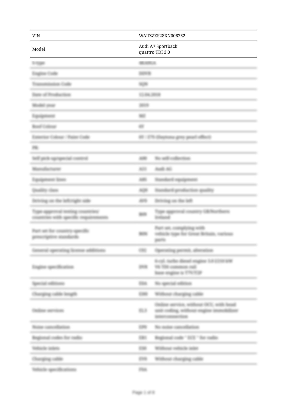 Build Sheet VIN WAUZZZF28KN006352