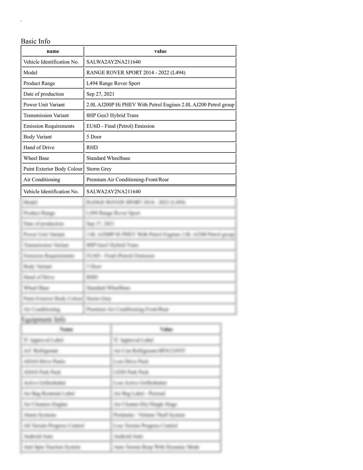 Build Sheet VIN SALWA2AY2NA211640