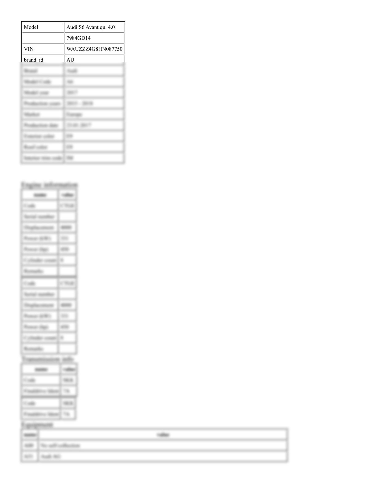 Build Sheet VIN WAUZZZ4G8HN087750