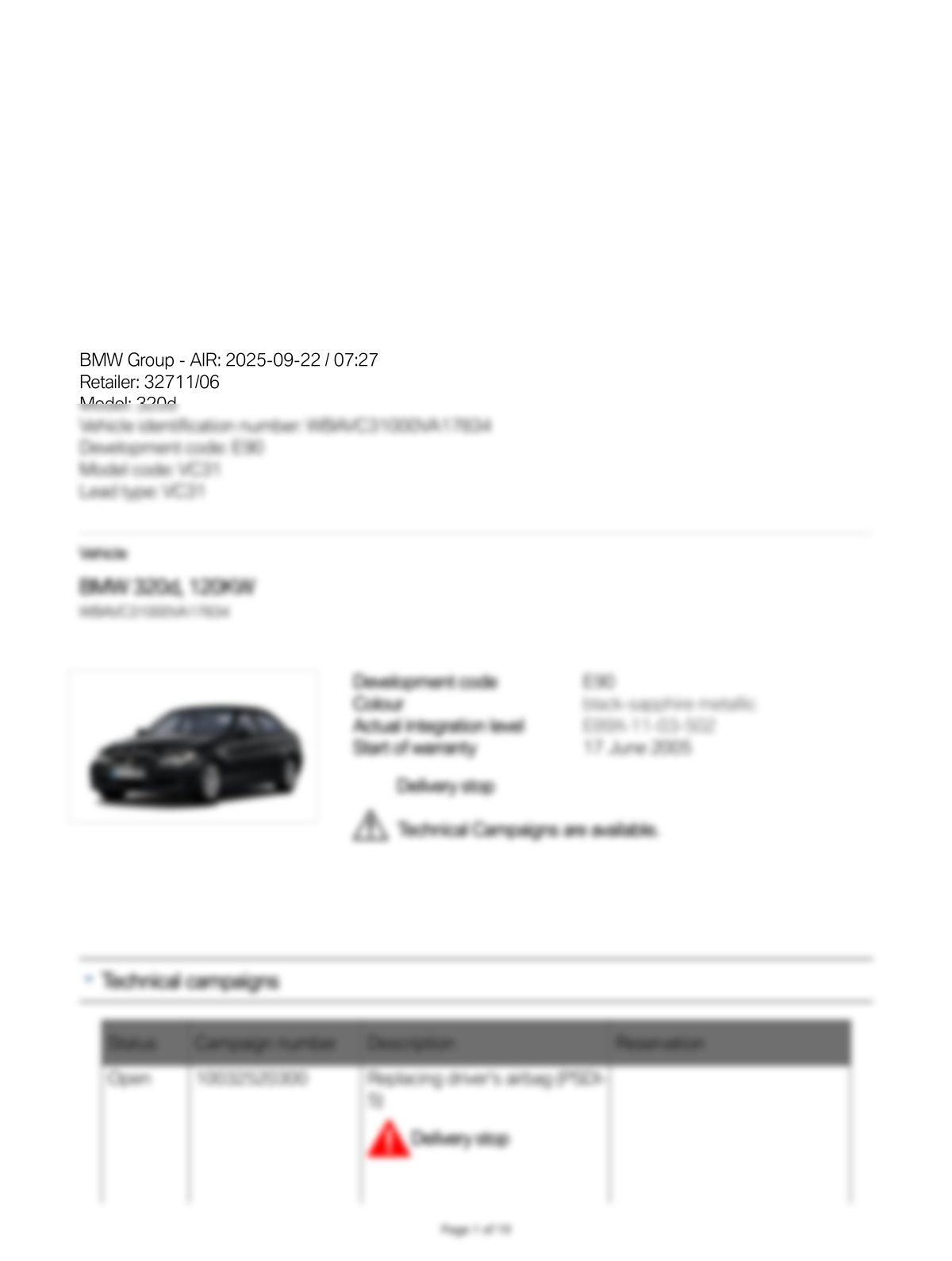 Service History Report VIN WBAVC31000VA17834