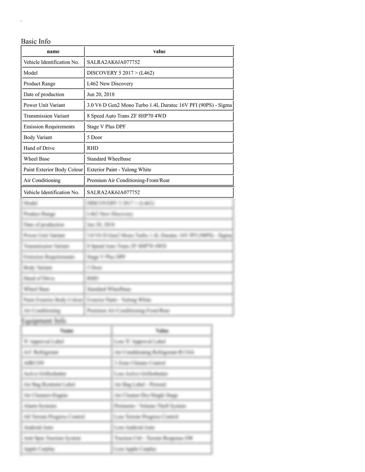 Build Sheet VIN SALRA2AK6JA077752