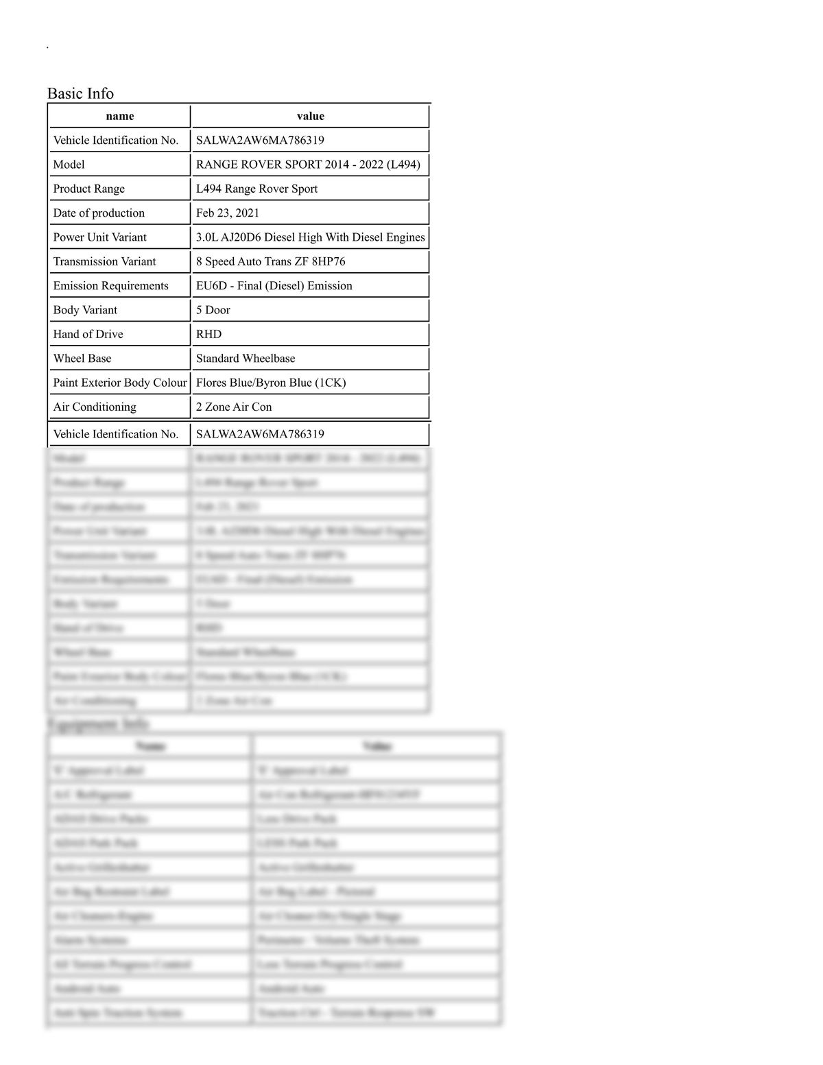 Build Sheet VIN SALWA2AW6MA786319