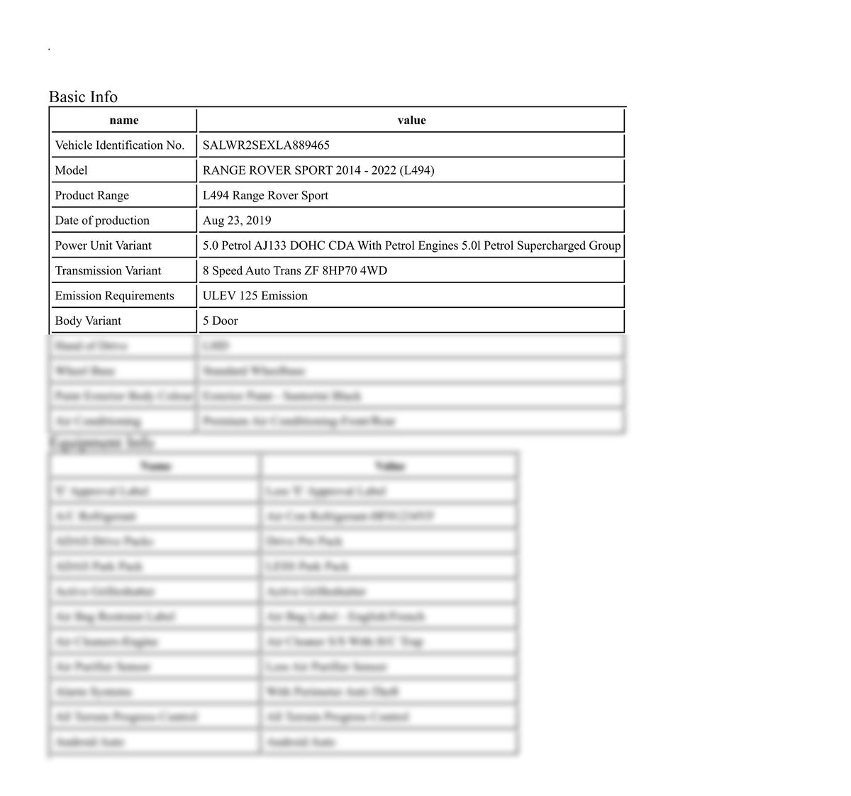 Build Sheet VIN SALWR2SEXLA889465
