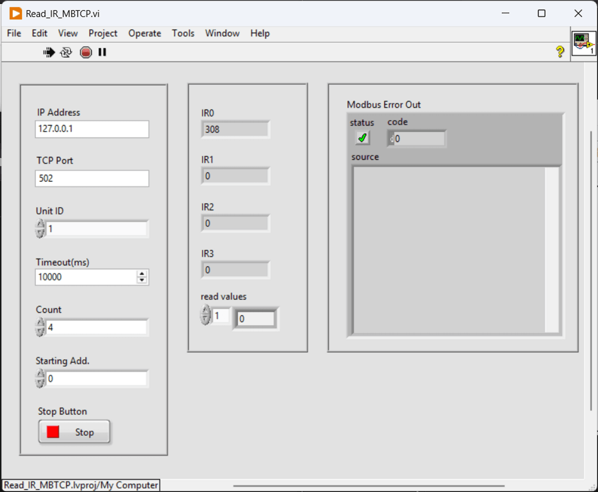 Read and Monitor Input Register Data of Modbus TCP/IP Device in LabVIEW