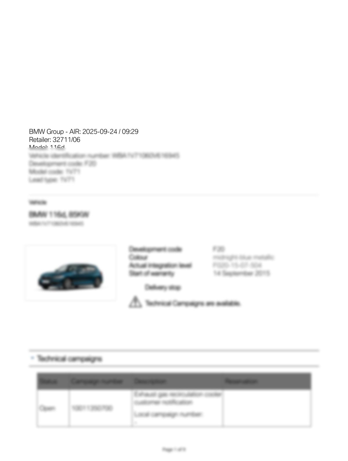 Service History Report VIN WBA1V71060V616945