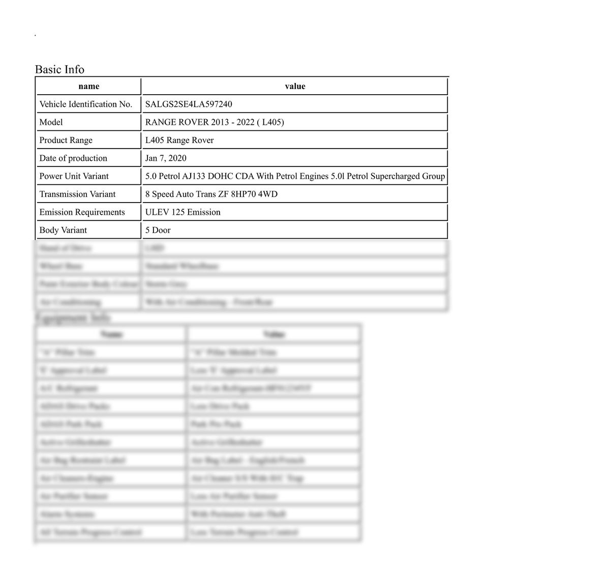 Build Sheet VIN SALGS2SE4LA597240