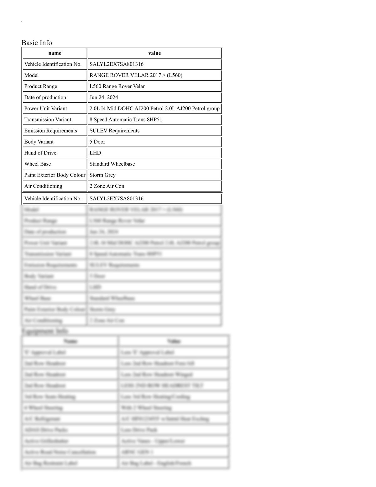 Build Sheet VIN SALYL2EX7SA801316