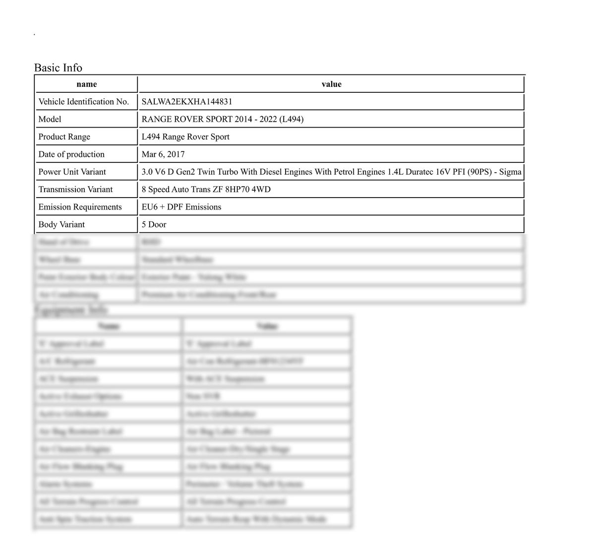 Build Sheet VIN SALWA2EKXHA144831