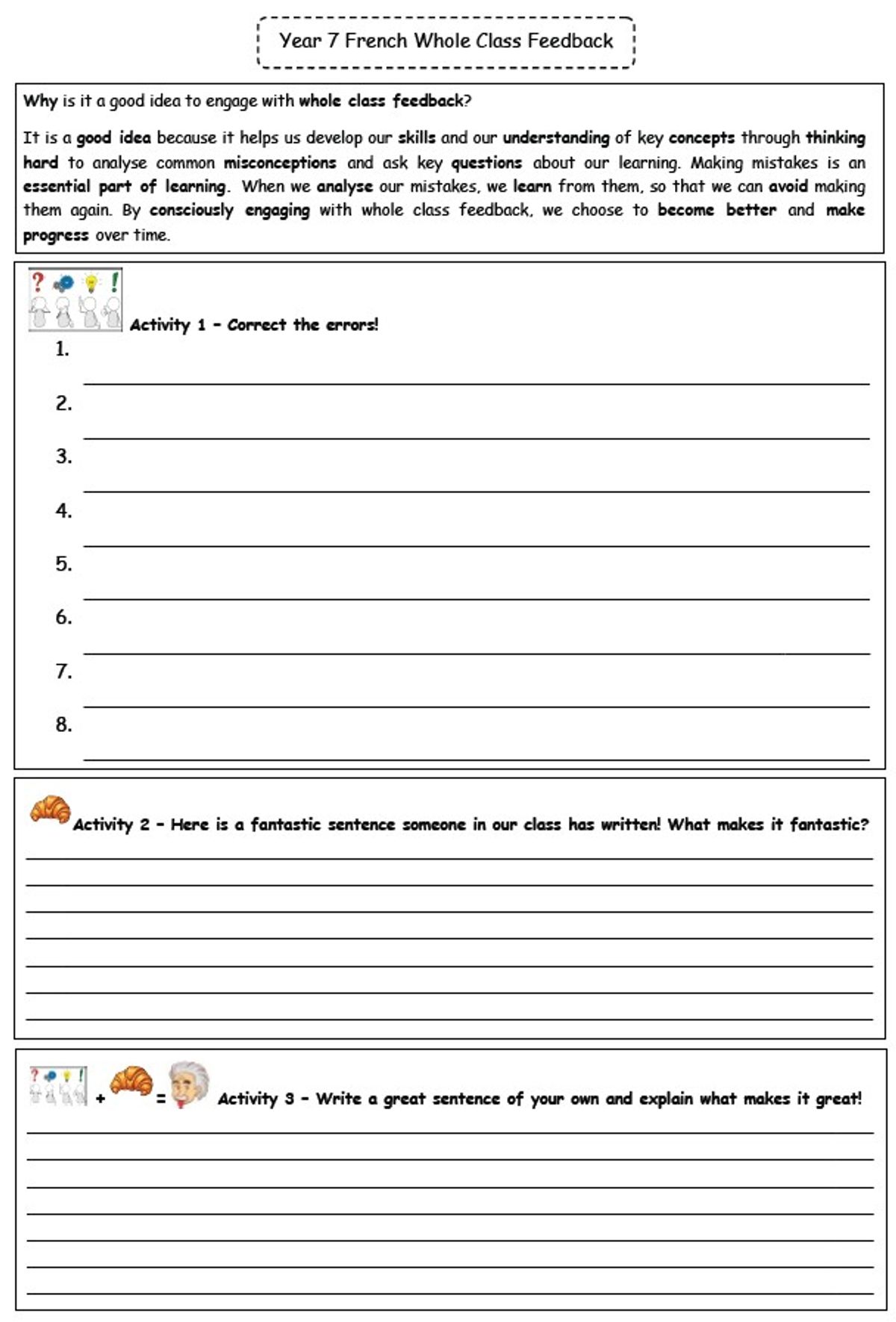 Whole Class Feedback Sheet MFL Languages
