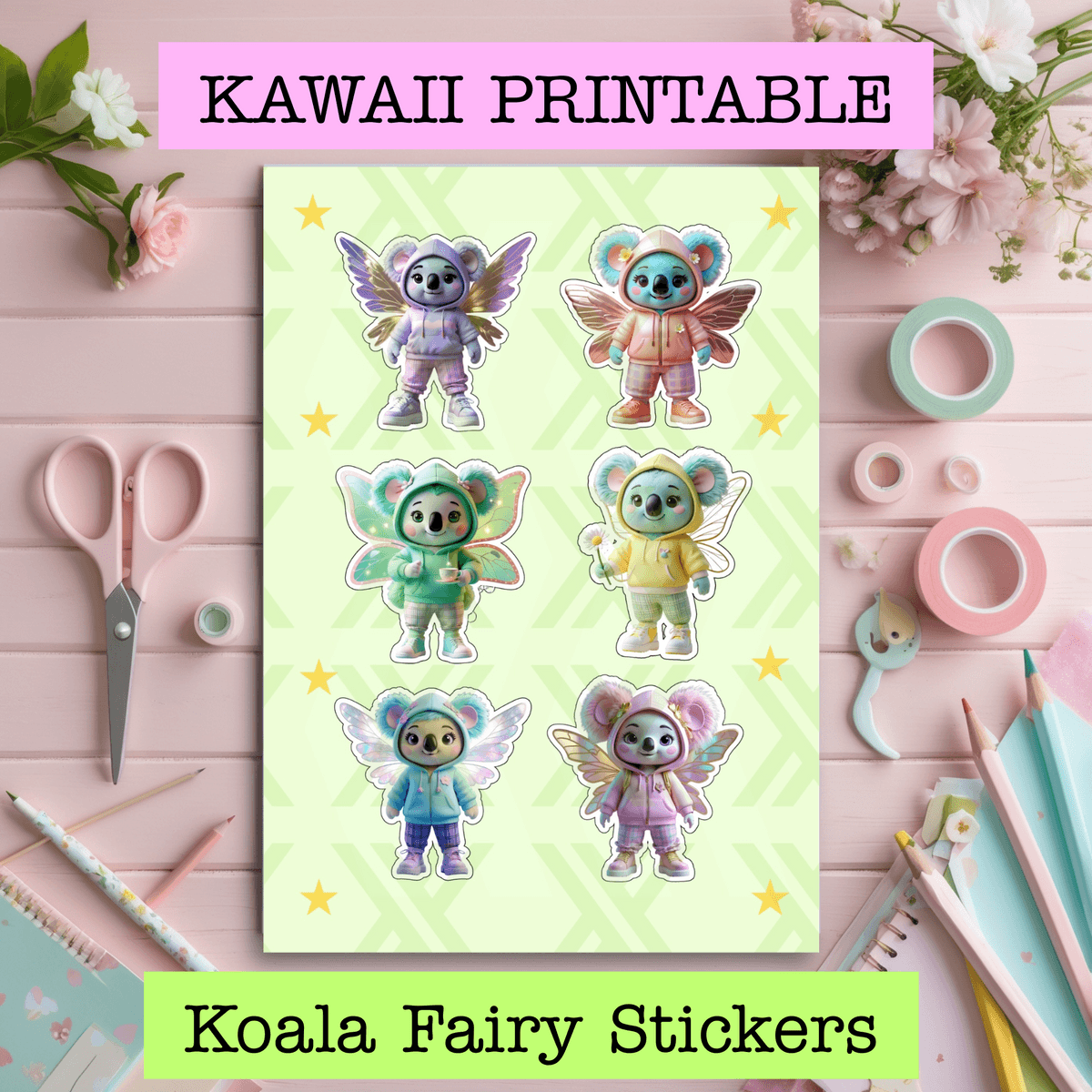 Fairy Koala Sticker Sheet &ndash; Kawaii Printable A4 PDF (DIY Journal + Scrapbook Stickers)