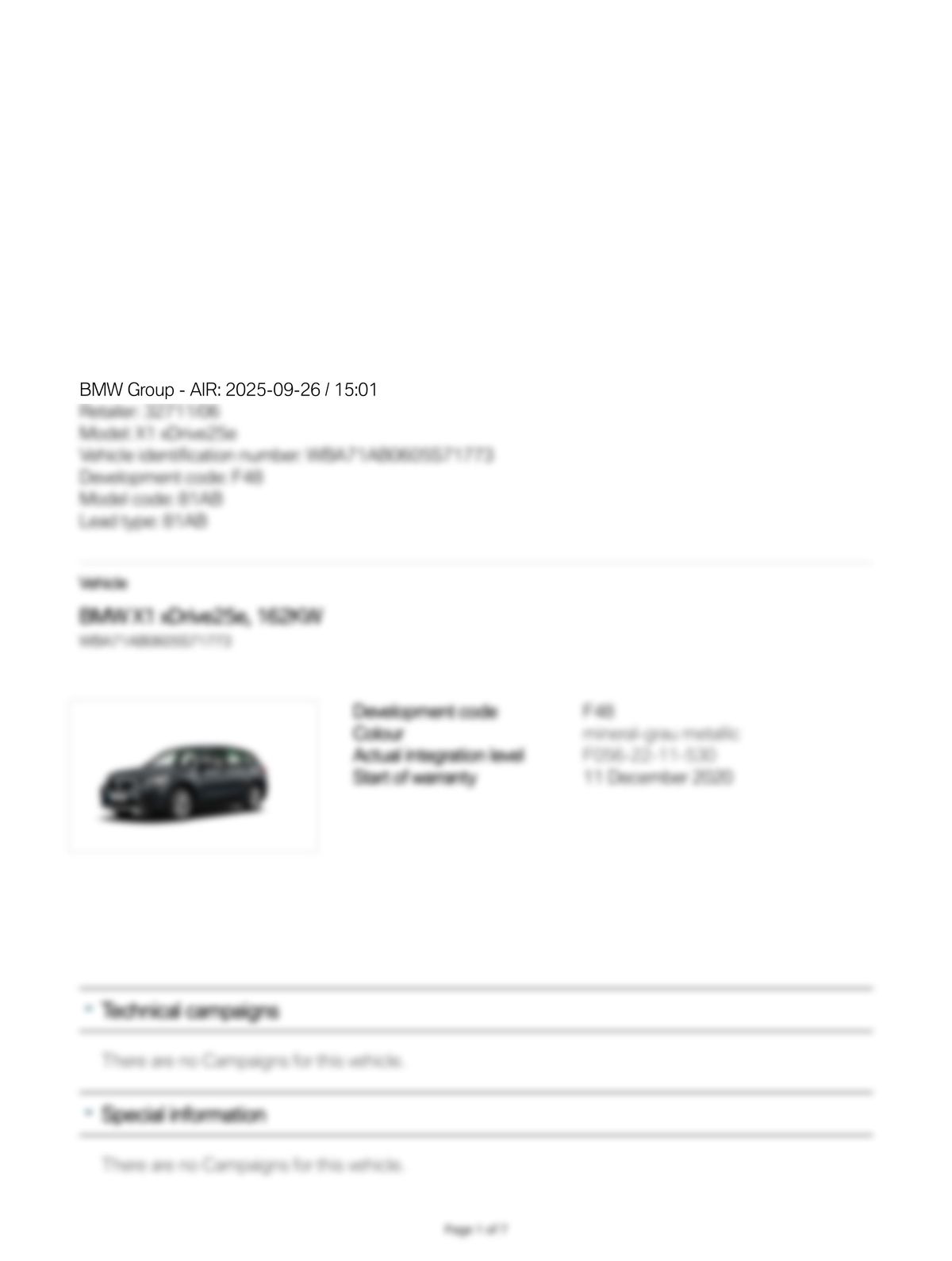 Service History Report VIN WBA71AB0605S71773