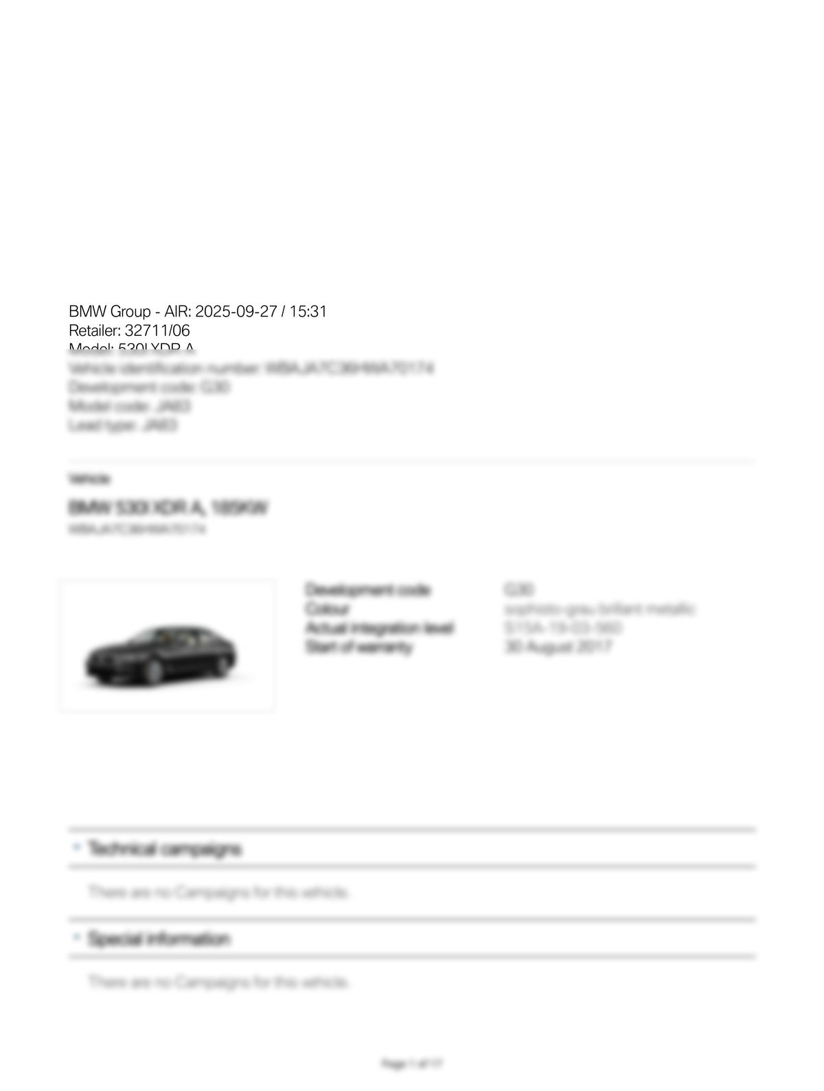 Service History Report VIN WBAJA7C36HWA70174