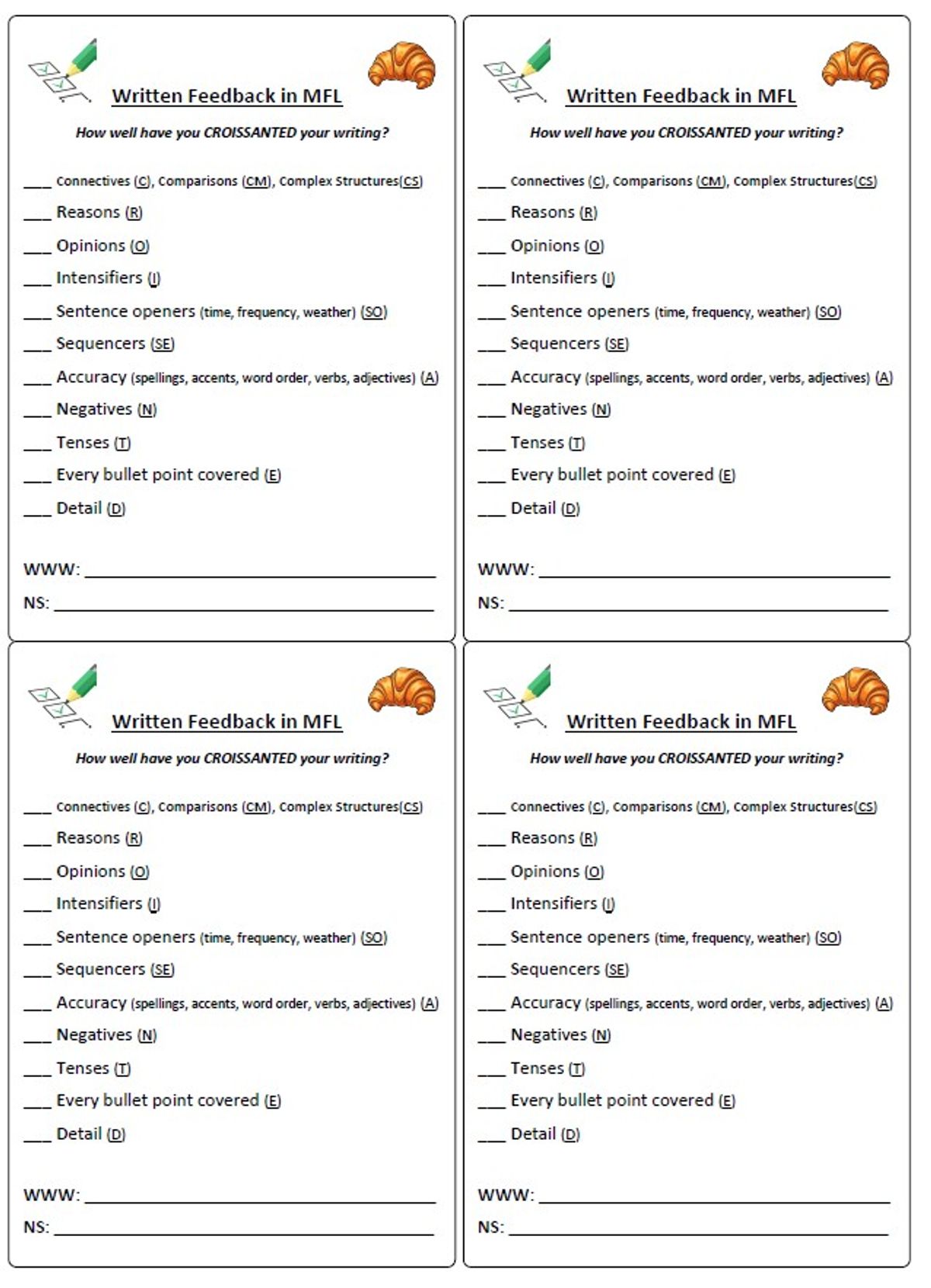 Written Feedback in MFL WWW NS CROISSANTED Sheet/Stickers