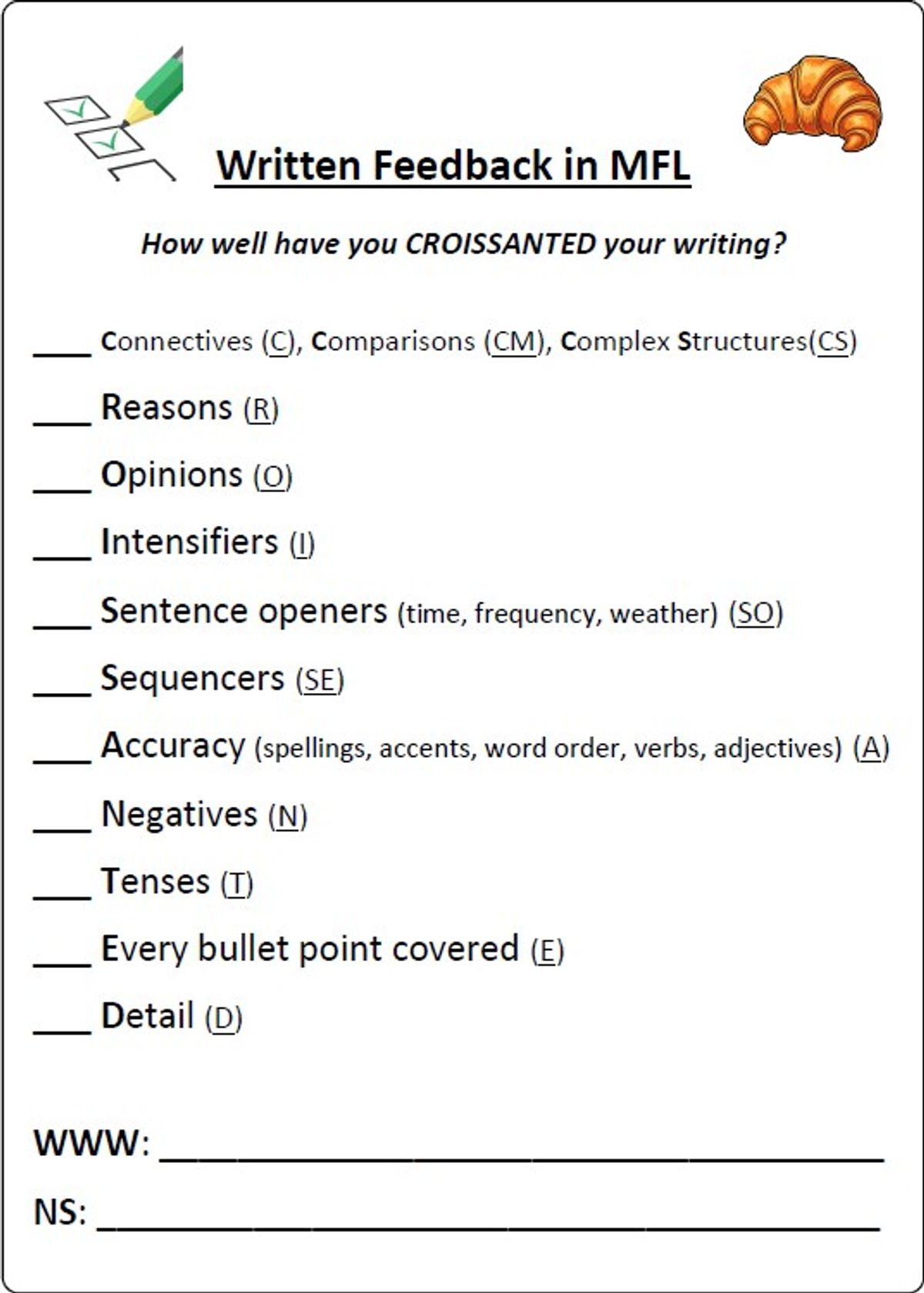 Written Feedback in MFL WWW NS CROISSANTED Sheet/Stickers