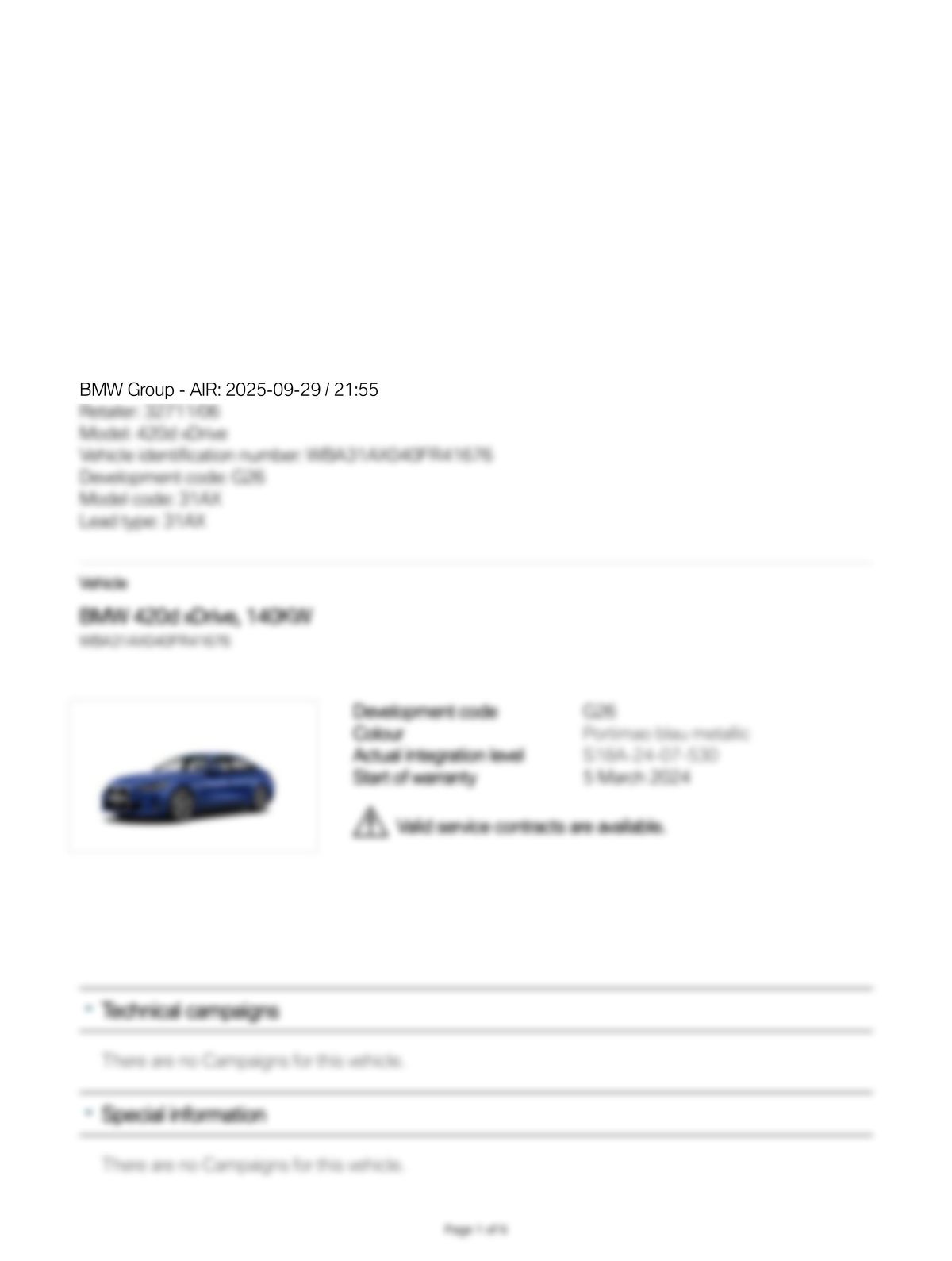 Service History Report VIN WBA31AX040FR41676