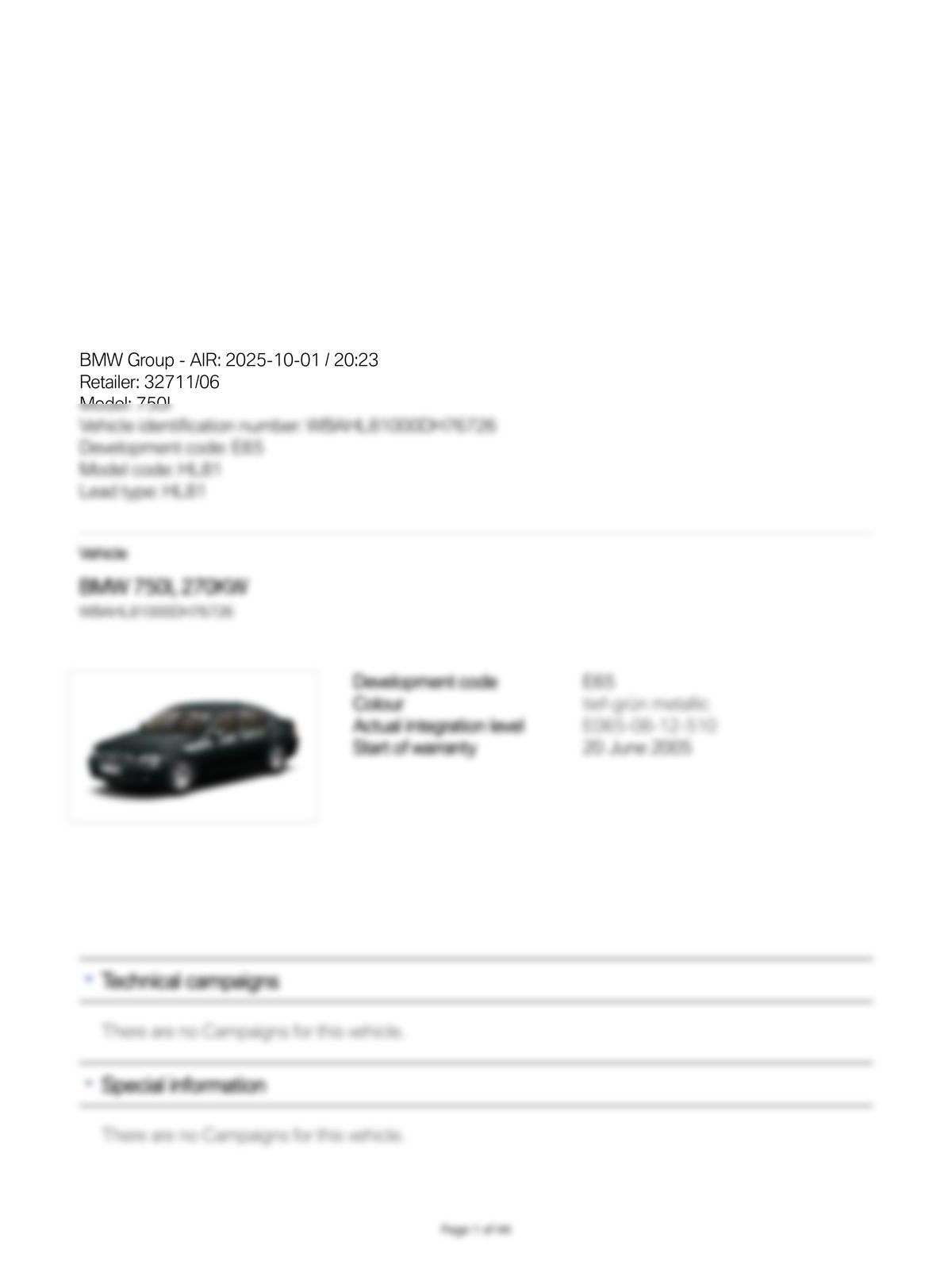 Service History Report VIN WBAHL81000DH76726