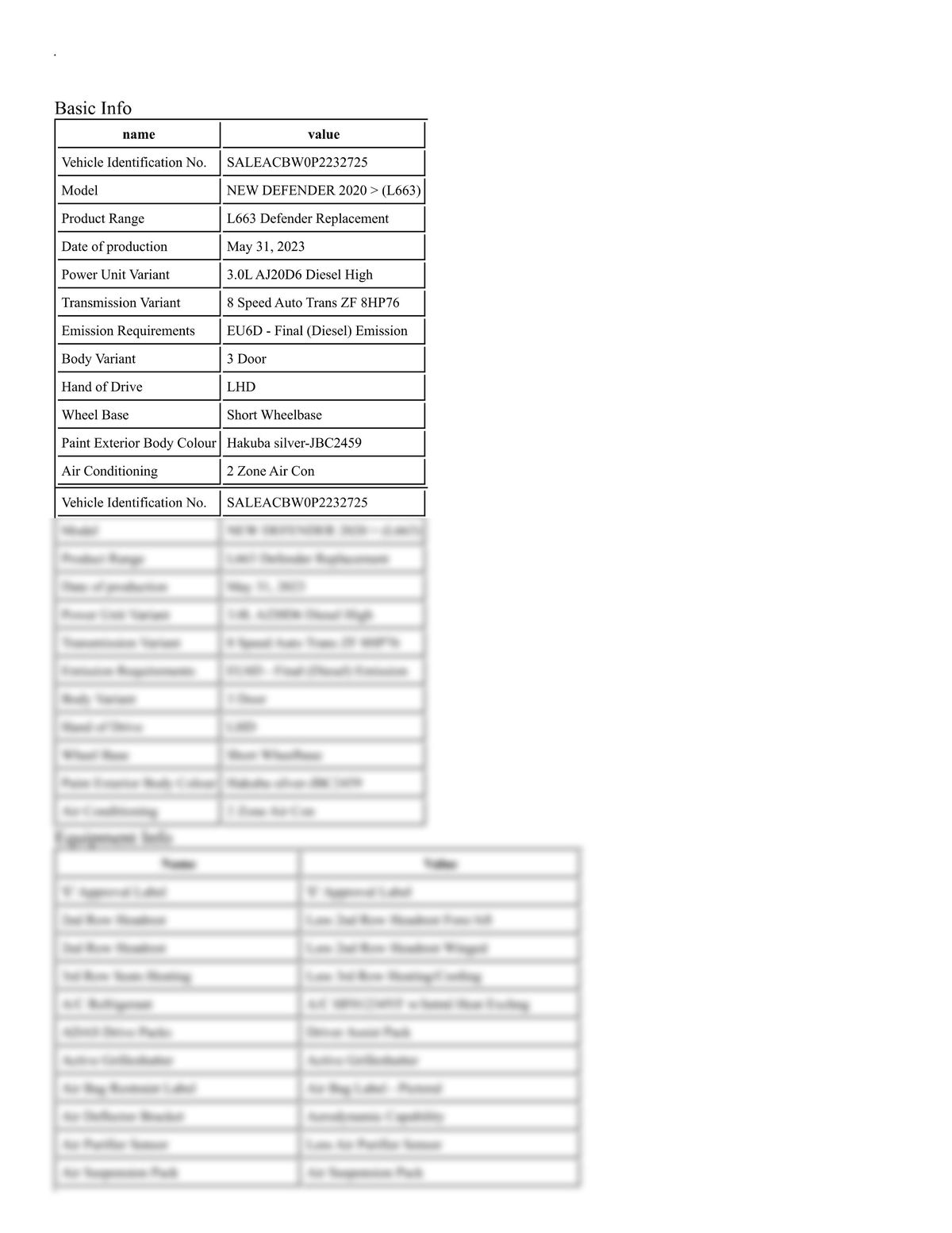Build Sheet VIN SALEACBW0P2232725