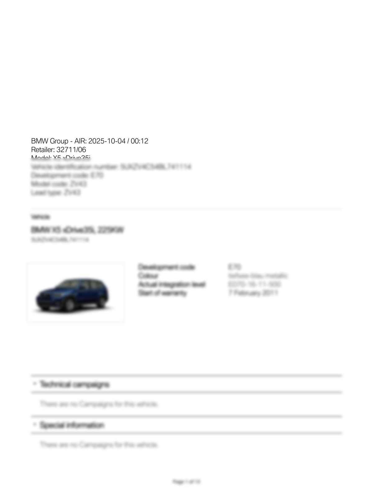 Service History Report VIN 5UXZV4C54BL741114