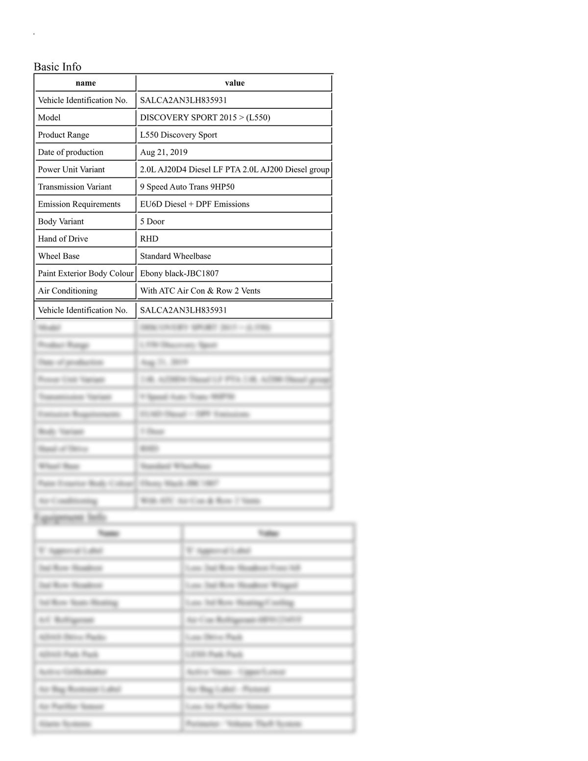 Build Sheet VIN SALCA2AN3LH835931