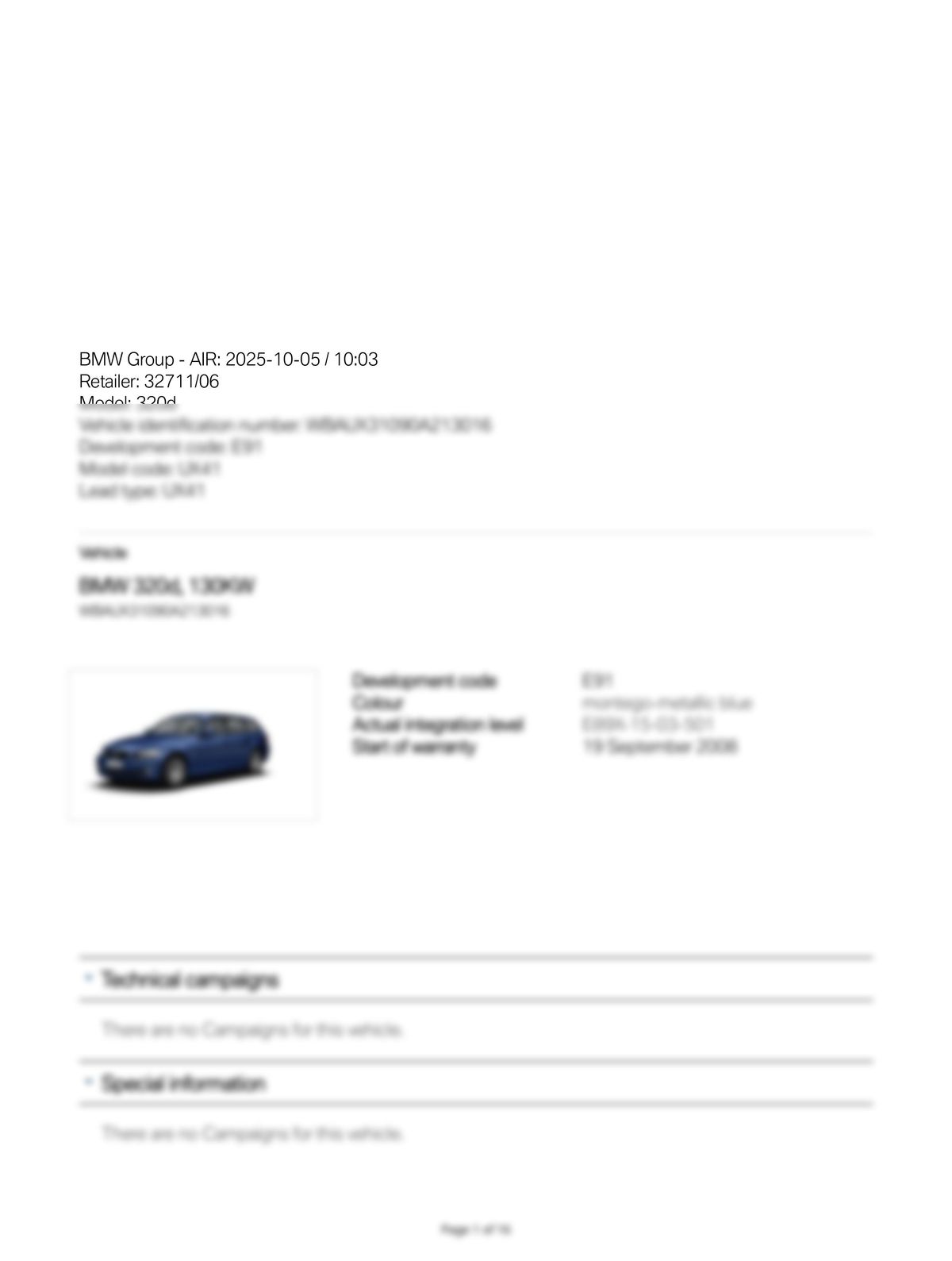 Service History Report VIN WBAUX31090A213016