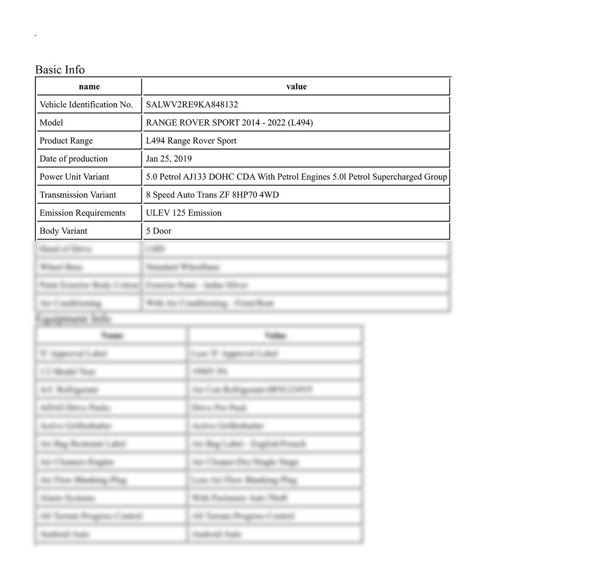 Build Sheet VIN SALWV2RE9KA848132