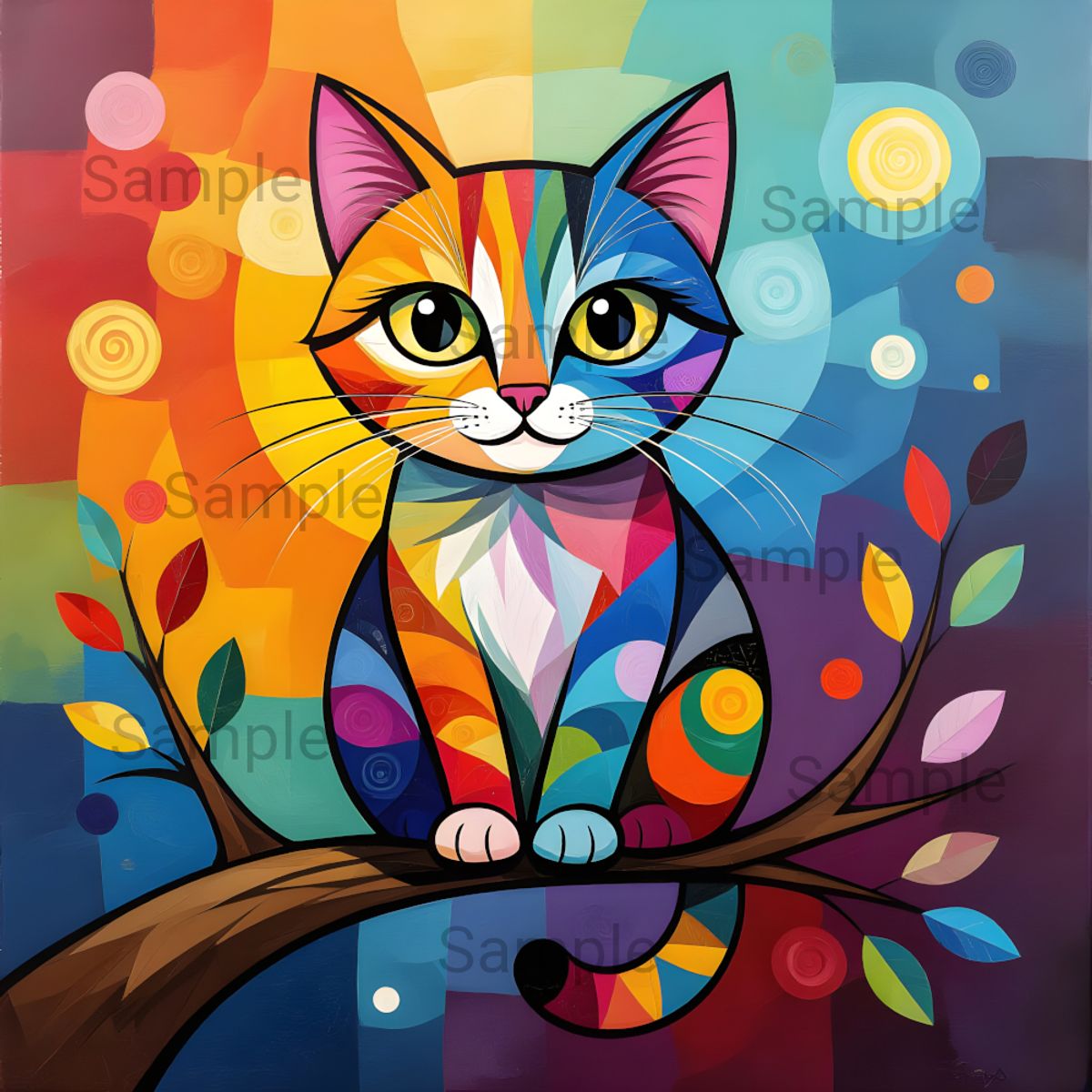 Colorful cat on a branch