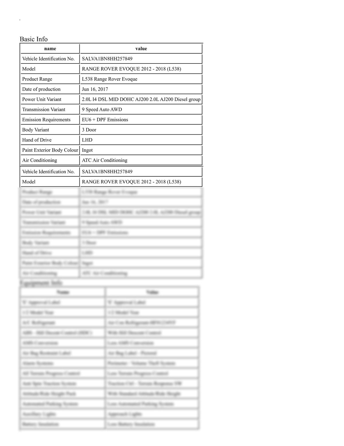 Build Sheet VIN SALVA1BN8HH257849