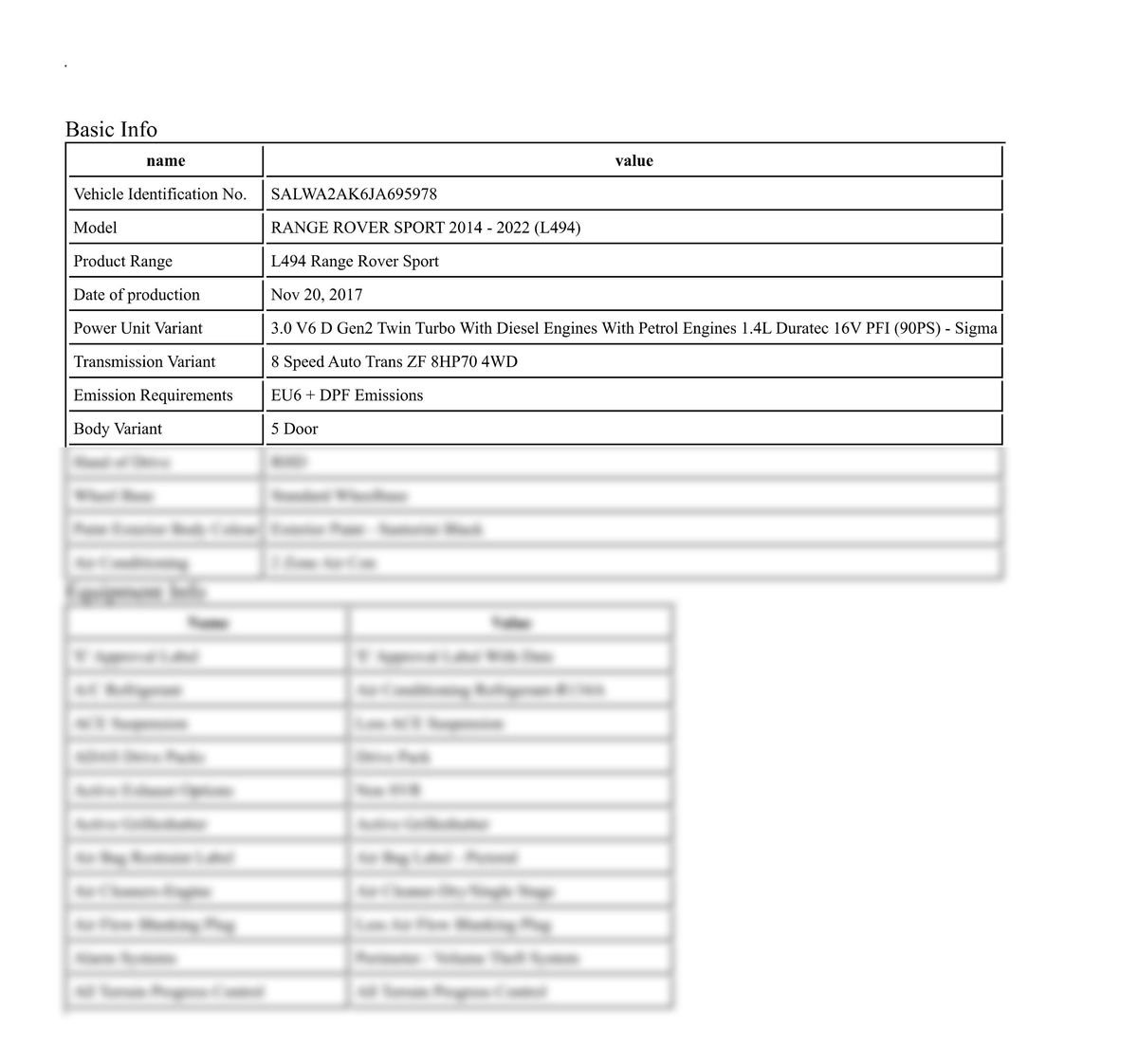 Build Sheet VIN SALWA2AK6JA695978